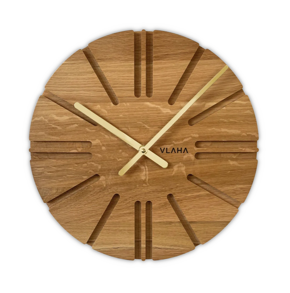 VLAHA Dřevěné dubové hodiny ATELIER vyrobené v Čechách se zlatými ručkami ⌀32,5cm VCT1150