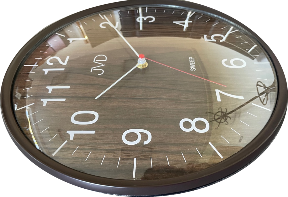 JVD Netikajcí analogové hnědé tiché nástěnné hodiny v imitaci dřeva JVD HA17.3