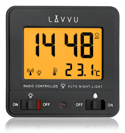 LAVVU Digitální černý budík řízený rádiovým signálem NORDLYS černý se světelným senzorem LAR0041
