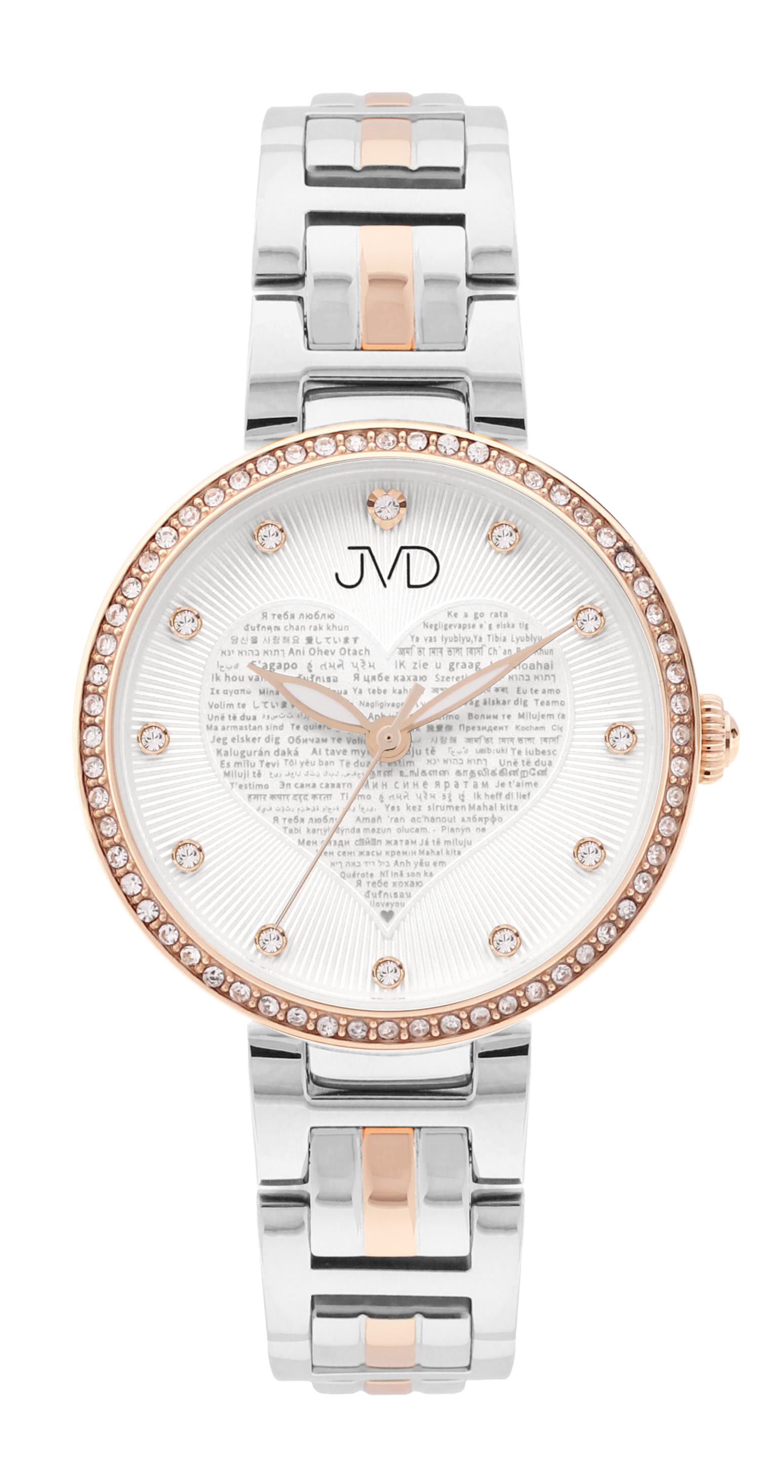 JVD Dámské srdíčkové stříbrno-růžové náramkové hodinky JVD JG1032.3