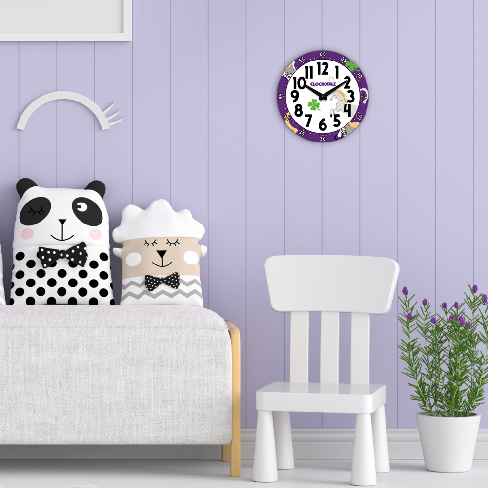 CLOCKODILE Dětské fialové nástěnné hodiny fialové s koněm ⌀25cm CCT0030