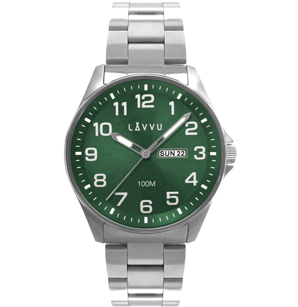 LAVVU Ocelové pánské hodinky BERGEN Green se svítícími čísly LWM0146 zelený čísellník
