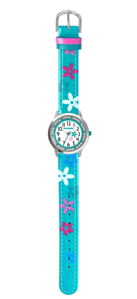 CLOCKODILE Náramkové tyrkysové dívčí dětské hodinky s kamínky a kytičkami CWG5200