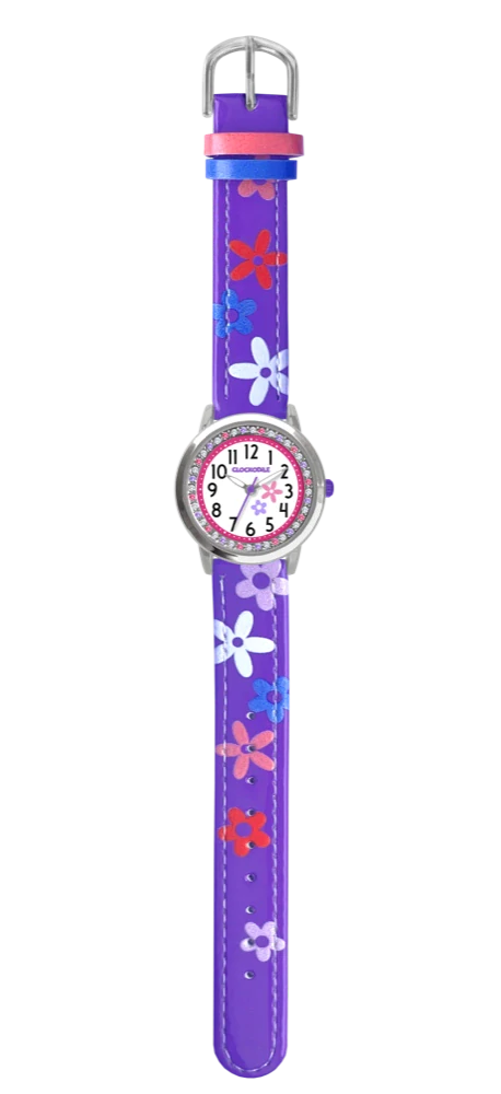CLOCKODILE Fialové náramkové dívčí dětské hodinky s kamínky a kytičkami CWG5201