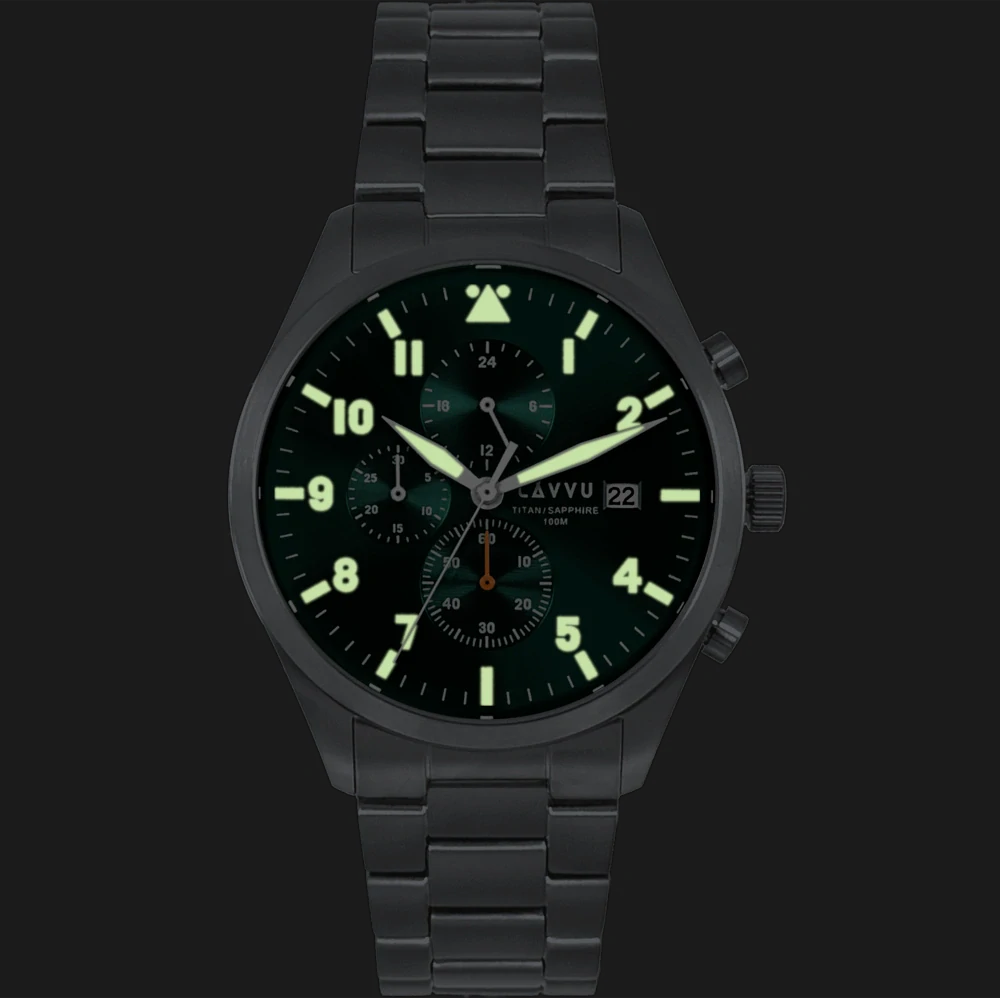 LAVVU Pánské titanové hodinky PILOT Chronograph Emerald Green 100M Sapphire LWM0291 - zelený číselník