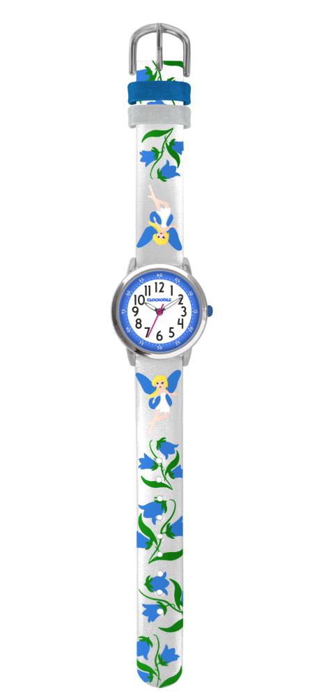 Stříbrné třpytivé dívčí hodinky s modrými vílami CLOCKODILE FAIRIES CWG5083