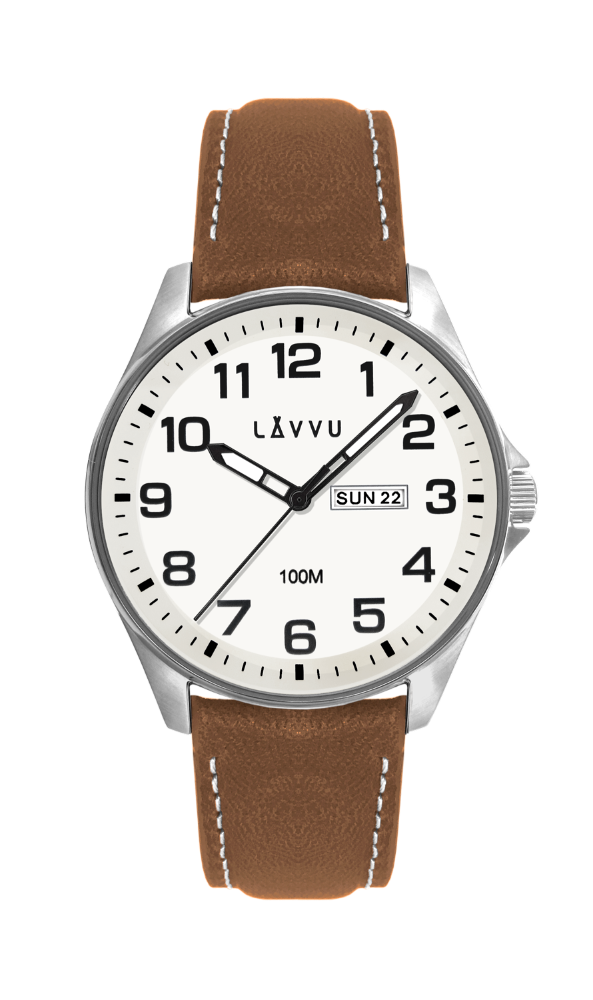 Ocelové pánské hodinky LAVVU BERGEN White / Top Grain Leather se svítícím číselníkem LWM0143