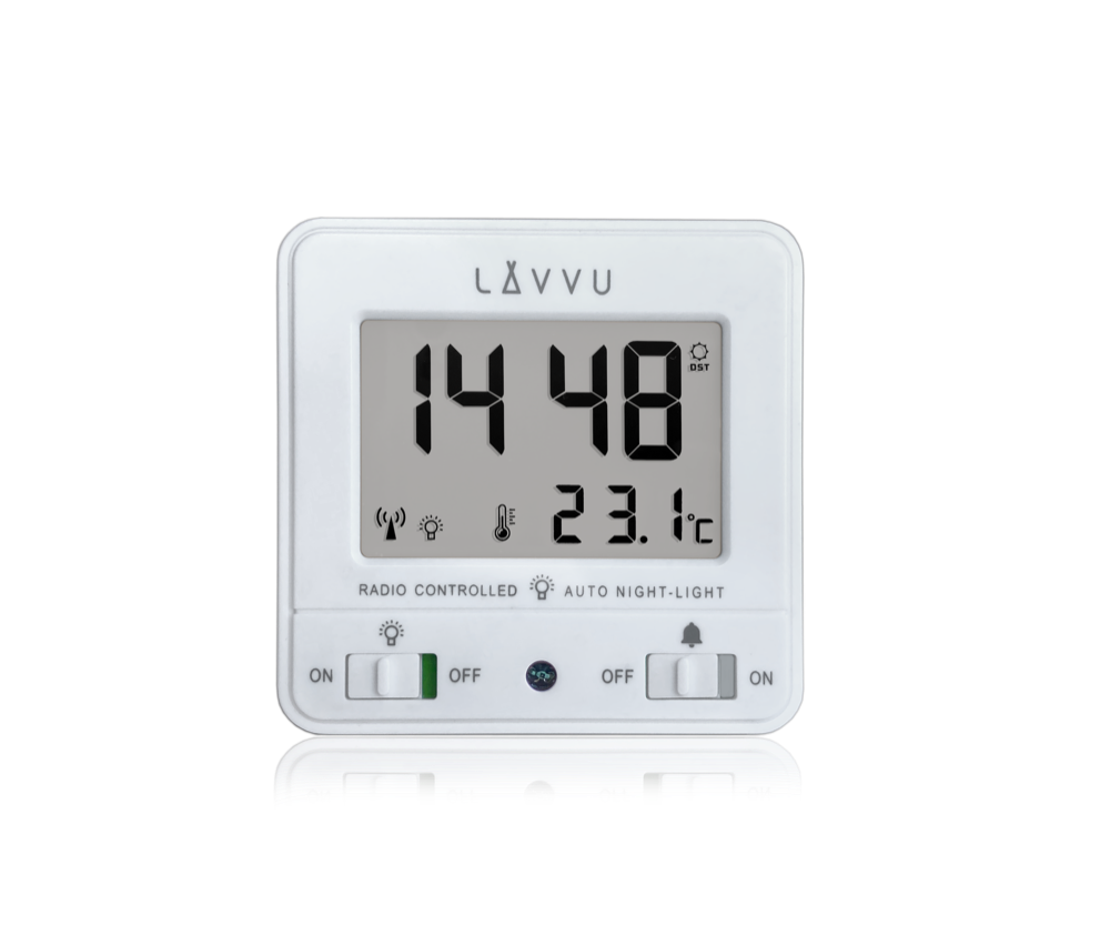 LAVVU Digitální bílý budík řízený rádiovým signálem NORDLYS bílý se světelným senzorem LAR0040