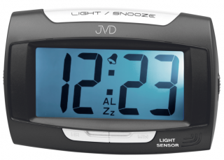 Moderní černý digitální budík JVD SB91.9 (možnost připojit i do el. sítě)
